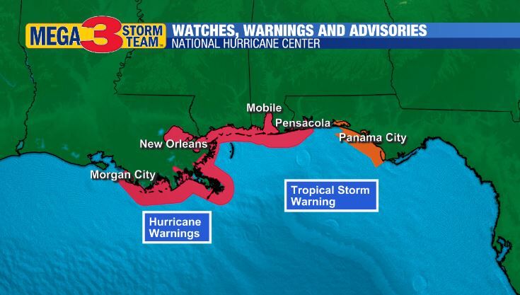 Hurricane Warnings issued by the National Hurricane Center in red